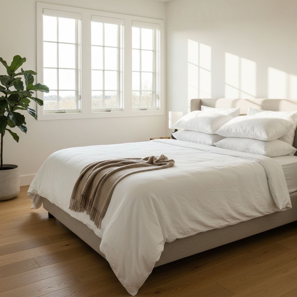 Luxury bedroom with Alaskan King mattress in warm morning light
