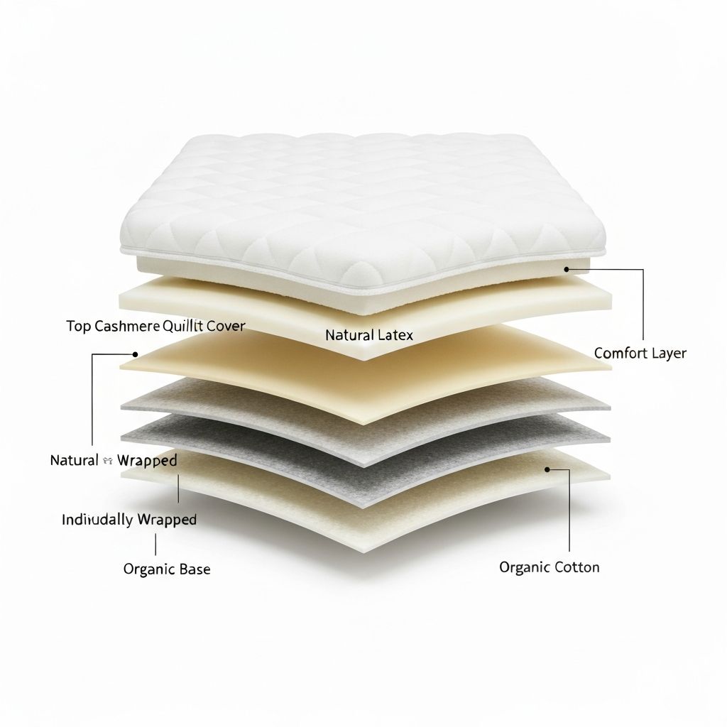 Cross-section of Alaskan King mattress showing organic cotton, natural latex, and pocketed coil layers